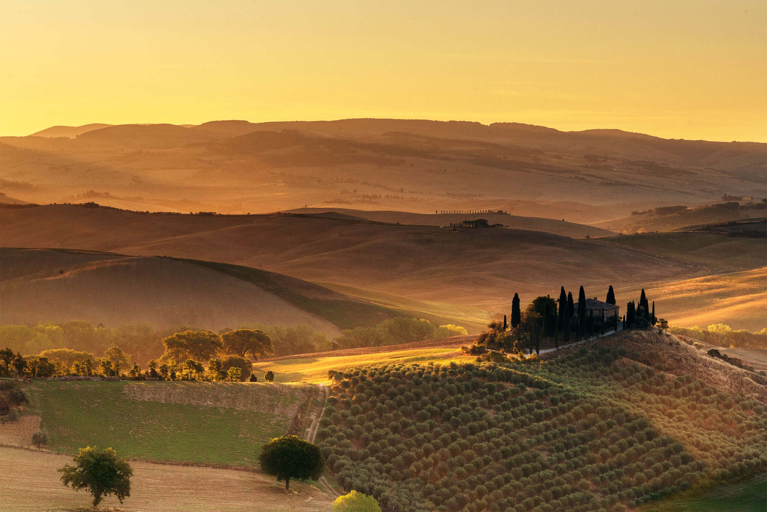 hilly landscape at sunset